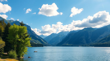 Panoramic view of the lake and mountains on a sunny day