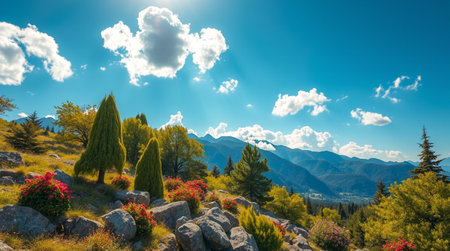 Landscape of mountains with pine trees and flowers in sunny day.