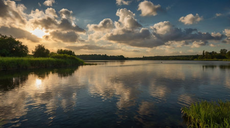 Panoramic view of a lake at sunset with clouds in the sky