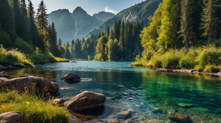 Landscape with mountain river and green forest. Beautiful view of a mountain riverの写真素材