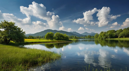 Beautiful summer landscape with lake and mountains. Panoramic view.の写真素材