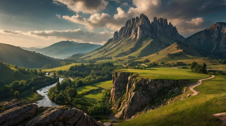 Panoramic view of the valley and mountains at sunset. Beautiful summer landscape.の写真素材