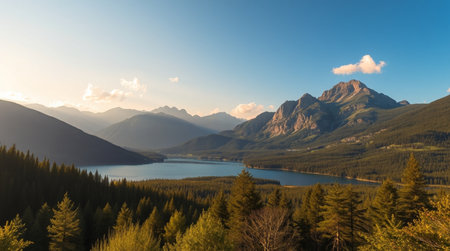 Beautiful alpine landscape with blue lake and mountain peaks at sunsetの写真素材
