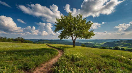 Lonely tree on a green meadow in the Carpathian mountainsの写真素材