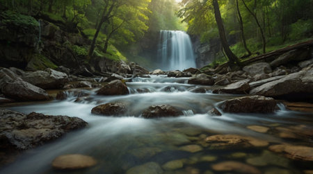 Beautiful waterfall in the green forest, long exposure photo for your design