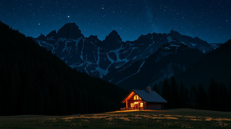 Mountain hut at night with starry sky and mountains in the backgroundの写真素材