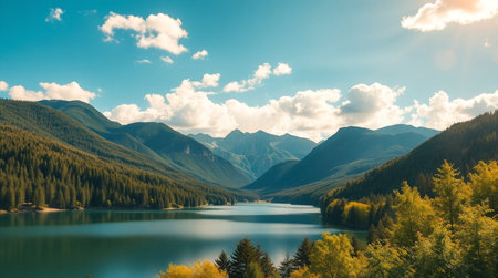 Beautiful lake in mountains. Landscape with mountains and forest.