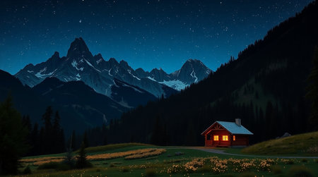 Beautiful mountain landscape at night with a red house in the foregroundの写真素材