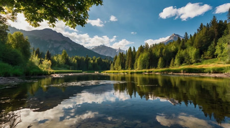 Panoramic view of the mountain lake and forest. Beautiful summer landscape.の写真素材