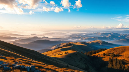 Mountain landscape with fog at sunrise. Carpathian, Ukraine