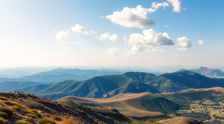 Mountain landscape with blue sky and clouds. Panoramic view