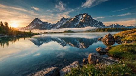 Majestic sunrise over the lake in Banff National Park, Canadaの写真素材