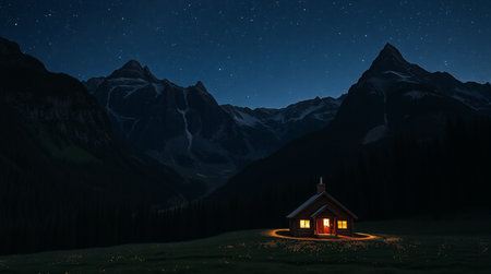 Cottage in the mountains at night with starry sky and moonの写真素材