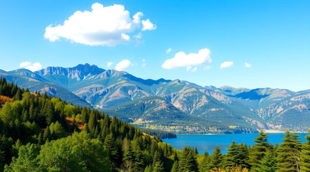 Mountain landscape with lake, forest and blue sky with clouds.の写真素材