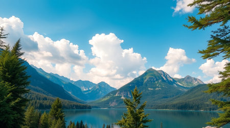 panoramic view of the lake and mountains in the background, Canadaの写真素材