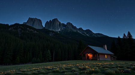 Night in the Dolomites with a wooden house and daffodilsの写真素材