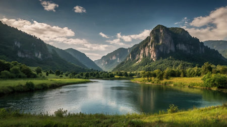 Beautiful summer landscape with river and mountains. Ukraine, Europe.