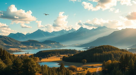 Beautiful view of lake and mountain range at sunset. Nature composition.の写真素材