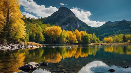 Mountain lake with clear water and colorful autumn forest on background.