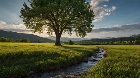 Landscape with a tree and a stream in the foreground at sunsetの写真素材