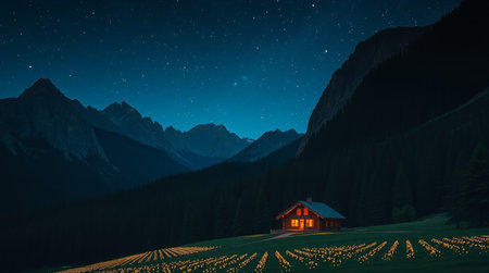 Night landscape with a house in the middle of the field and mountainsの写真素材
