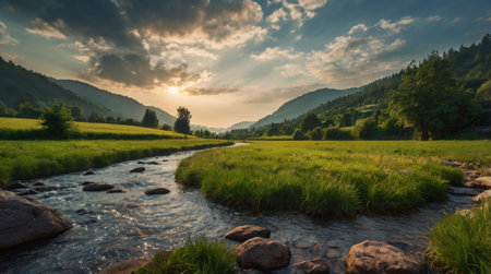Panoramic view of a mountain river at sunset. Beautiful summer landscape.