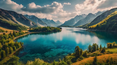 Panoramic view of turquoise mountain lake in autumn.