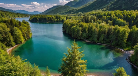 Panoramic view of the mountain lake. Beautiful summer landscape in the mountains.