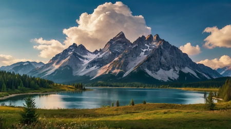 Panoramic view of a mountain range with a lake in the foregroundの写真素材