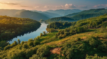 Aerial view of beautiful landscape with river, forest and mountains at sunsetの写真素材