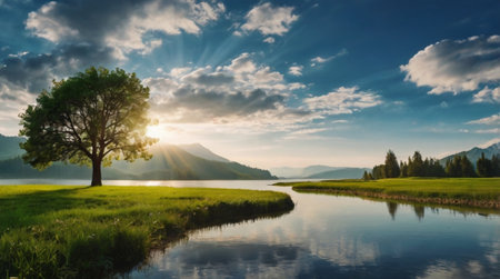 Sunset over a lake in the Bavarian Alps, Germany.の写真素材