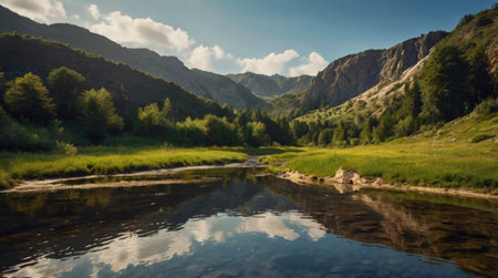 Landscape with mountains and a river in the Altai Republic, Russiaの写真素材