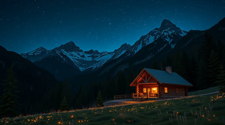 Wooden house in the mountains at night with stars in the skyの写真素材