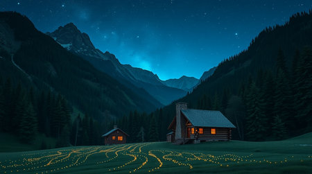 Night landscape in the mountains with a small wooden house and starry skyの写真素材