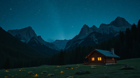 Mountain hut in the middle of the night with starry sky