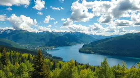 Panoramic view of the lake and mountains in the background.
