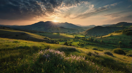 Sunset in the Carpathian mountains, Ukraine. Panorama