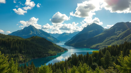 panoramic view of alpine lake and mountains under blue skyの写真素材
