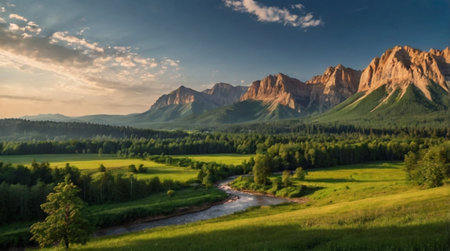 Beautiful summer landscape with mountains, river and forest in the foregroundの写真素材