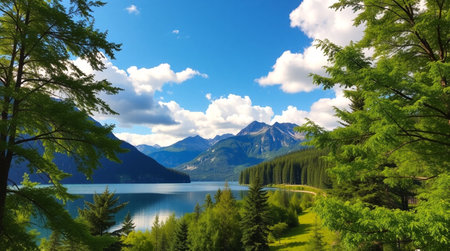 Beautiful landscape of mountain lake. Panoramic view of mountain lake.の写真素材