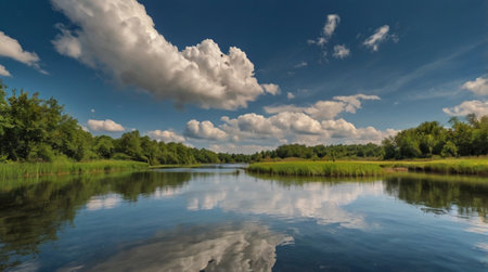 Beautiful summer landscape with river and sky with clouds reflected in water