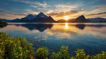 Mountain lake at sunset. Panoramic view of the lake and mountains at sunsetの写真素材