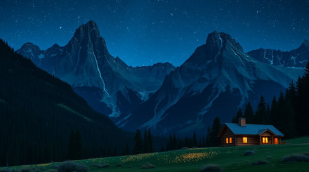 Wooden cottage in the mountains at night with starry sky.の写真素材