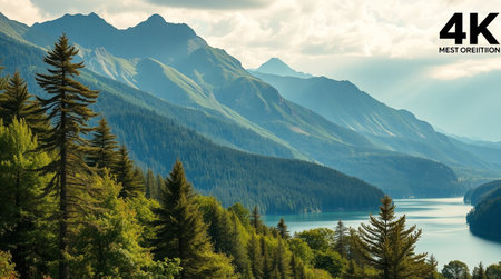 Mountain landscape with lake and coniferous forest at sunset.