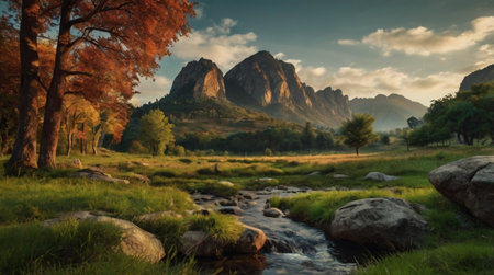 Mountain landscape with river and forest in the morning at sunset.の写真素材