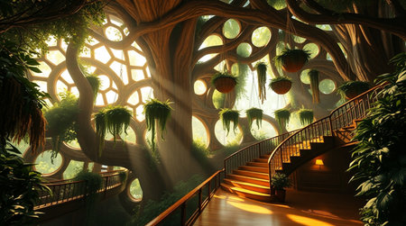 3D render of a beautiful fantasy garden with wooden stairs and plants