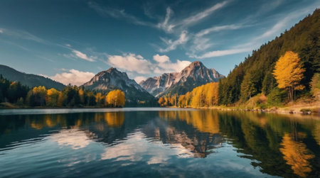 panoramic view of alpine lake with reflection of mountains in waterの写真素材