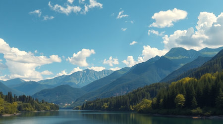 Panoramic view of a mountain lake with coniferous forest.の写真素材