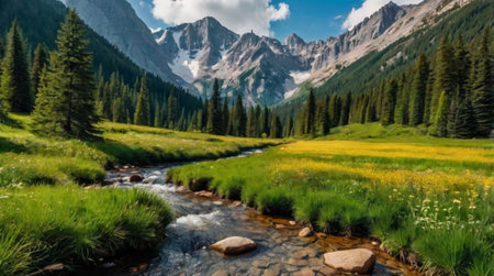 Beautiful mountain landscape with a river in the foreground and mountains in the backgroundの写真素材