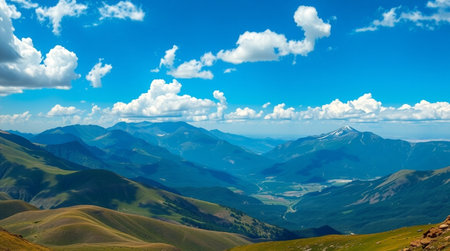 Mountain landscape with snow-capped peaks under blue sky with cloudsの写真素材
